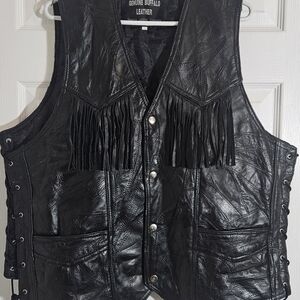 Genuine Buffalo Leather Black Fringe Men's XXXL Lace Up Sides 2 Pocket Vest